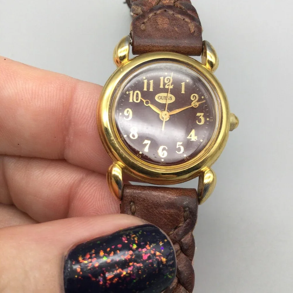 Vintage Guess Womens Watch 24mm Brown Dial Gold Tone Braided Leather New Battery